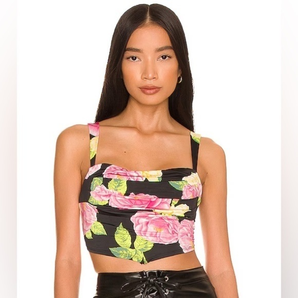 AFRM X Revolve Vana Ruched Noir Bouquet Pink Floral Crop Top Size Medium NWT - Picture 1 of 16